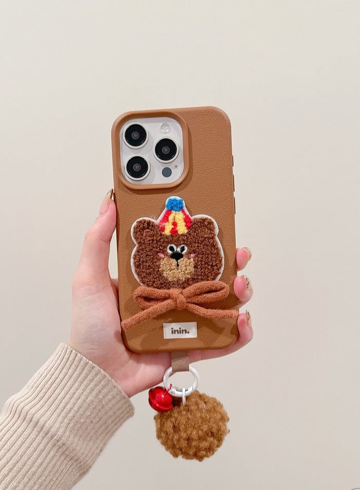 NIBEMINENT Bows And Ribbons Embroidery Protective TPU Case Cover For iPhone 16 Pro Max, Brown Furry Bear With Red Bell With Red Pom Pom
