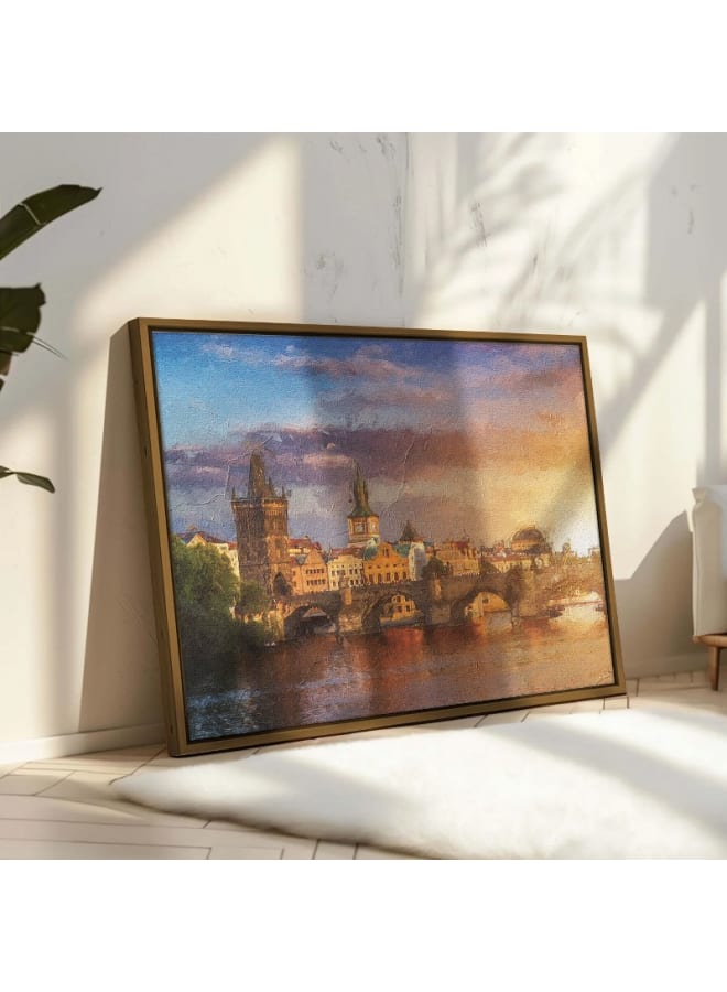 هوم جاليري لوحة فنية جدارية من القماش، منظر طبيعي مع انعكاس جسر تشارلز في النهر، 120×80 - Image 1