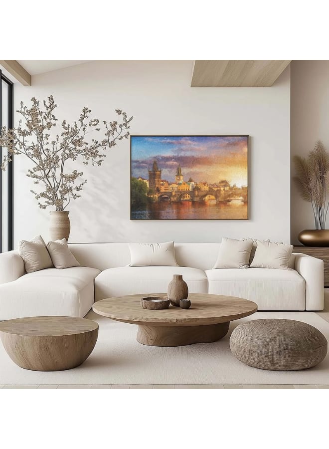 هوم جاليري لوحة فنية جدارية من القماش، منظر طبيعي مع انعكاس جسر تشارلز في النهر، 120×80 - Image 2