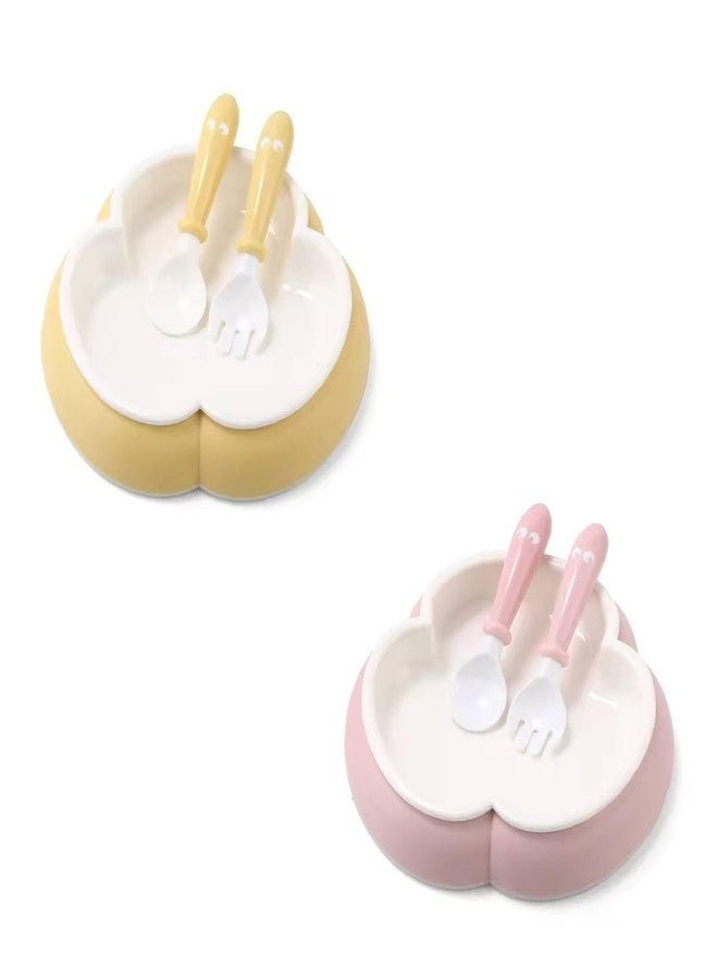 Ess Cubes Enterprise Tableware Baby Feeding Plate with Spoon & Fork Set for BPA Free Elevate Mealtime Essentials 100% Silicon Food Grade PP for Kid and Toddlers Non Toxic Utensil Set (2, Pink and Yellow Pack of 2) - Image 1