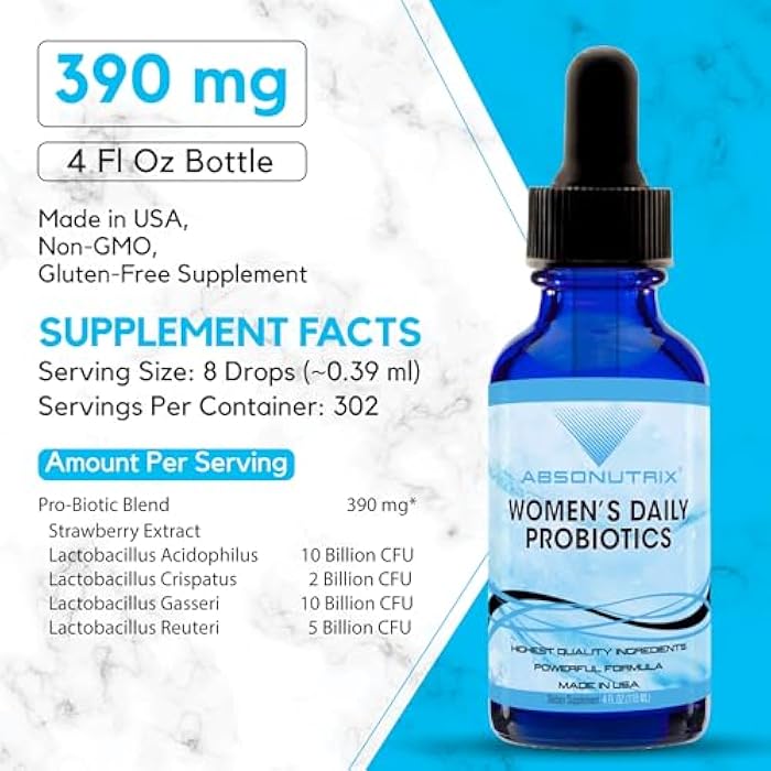 Absonutrix Women’s Daily Probiotics 390 mg, 4 Oz Liquid, 302 Servings, Made in USA, Quick Absorption, Quality Potent Ingredients, Non-GMO, GMP Certified Facility, Cruelty-Free Products - Image 2