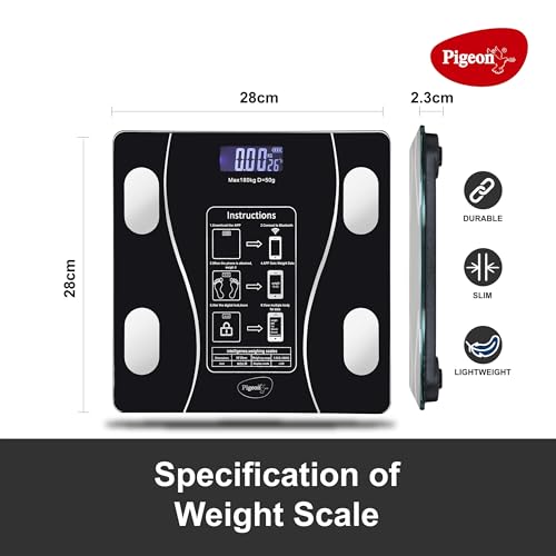 Pigeon Ivory Smart BMI Weighing Machine for Body Weight with 18 Body Parameters Sync with Mobile App, Body fat Analyzer Machine, Weighing Scale with LCD Display, 36 Months Warranty, Black, 180 Kg - Image 2