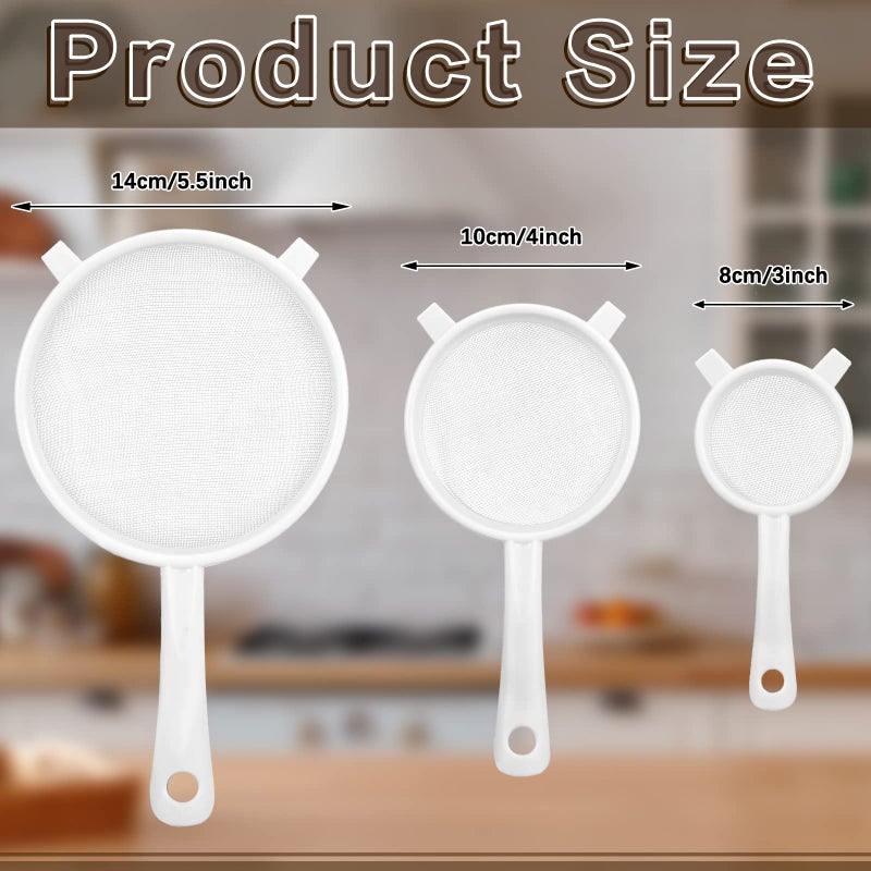 Skyley 3 Pcs Plastic Nylon Mesh Strainer Colander with Handle Double Ear Fine Food Mesh Strainer Flour Sifter for Baking Kitchen Colander Sifter Kefir Tea Juice Pasta(3 Inch, 4 Inch, 5.5 Inch) - Image 2