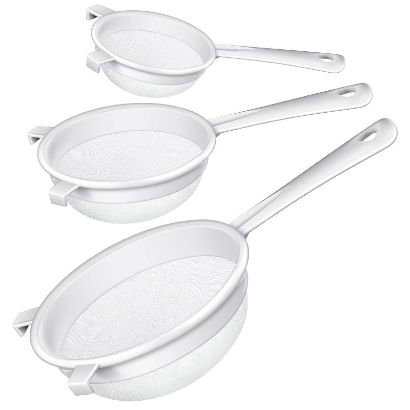 Skyley 3 Pcs Plastic Nylon Mesh Strainer Colander with Handle Double Ear Fine Food Mesh Strainer Flour Sifter for Baking Kitchen Colander Sifter Kefir Tea Juice Pasta(3 Inch, 4 Inch, 5.5 Inch) - Image 1