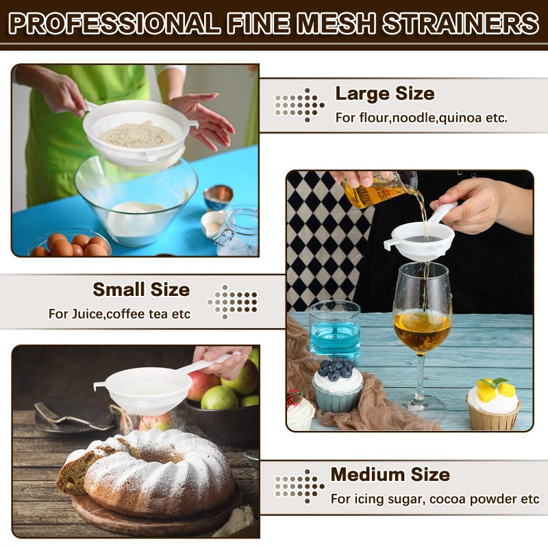 Skyley 3 Pcs Plastic Nylon Mesh Strainer Colander with Handle Double Ear Fine Food Mesh Strainer Flour Sifter for Baking Kitchen Colander Sifter Kefir Tea Juice Pasta(3 Inch, 4 Inch, 5.5 Inch) - Image 5