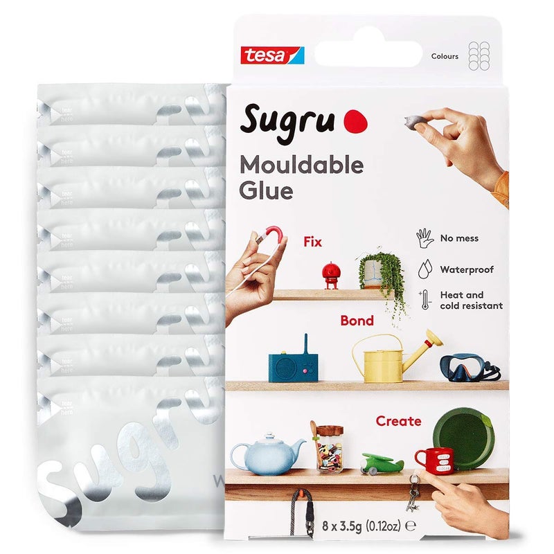 Tesa Sugru Silicone Super Glue - Waterproof All-Purpose Wall Putty + Moldable Glue for Crafting + DIY Home Improvement - Removable + Kid-Safe - Indoor/Outdoor Use - 8 Pack - White (3.5g/ea) - Image 1