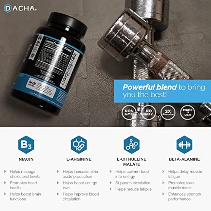 DACHA Premium L Arginine Pills 1920 MG - 120 VCAPS AAKG Nitric Oxide Precursor, L-Citrulline HCL, Beta Alanine, Essential Amino Acids for Energy, Muscle Growth, Heart Health, Vascularity & Stamina - Image 5