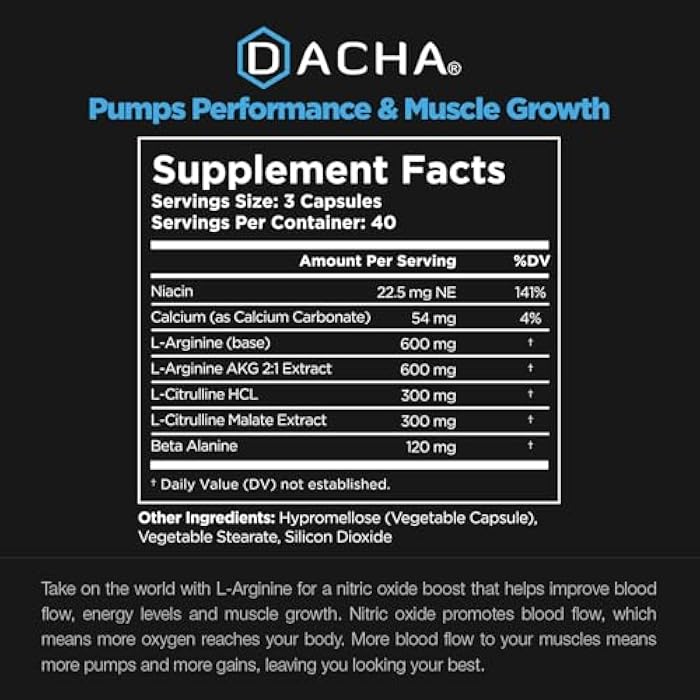 DACHA Premium L Arginine Pills 1920 MG - 120 VCAPS AAKG Nitric Oxide Precursor, L-Citrulline HCL, Beta Alanine, Essential Amino Acids for Energy, Muscle Growth, Heart Health, Vascularity & Stamina - Image 4