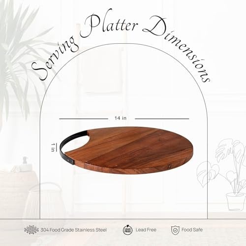 nestroots Wooden platter serving platter sizzler plate for snacks | Round platters for snacks serving plates wooden tray with Black Iron handle (Teak Wood, Brown 14 inch Diameter) - Image 3