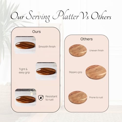 nestroots Wooden platter serving platter sizzler plate for snacks | Round platters for snacks serving plates wooden tray with Black Iron handle (Teak Wood, Brown 14 inch Diameter) - Image 5