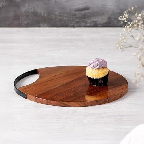 nestroots Wooden platter serving platter sizzler plate for snacks | Round platters for snacks serving plates wooden tray with Black Iron handle (Teak Wood, Brown 14 inch Diameter) - Image 1