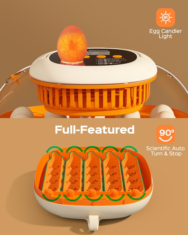 Chickcozy 25 Egg Incubator, Automatic Egg Turner with Thermometer Seat and Humidity Control, Egg Candler, 360Â° View with Clear Window, Incubators for Hatching Chicks (Sunlit Orange) - Image 5