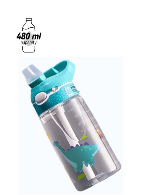 Kids Water Bottle with Straw Lid Reusable Durable Plastic Spout Cover and Built-in Carrying Loop, Big Bite Valve,  Green 480ml