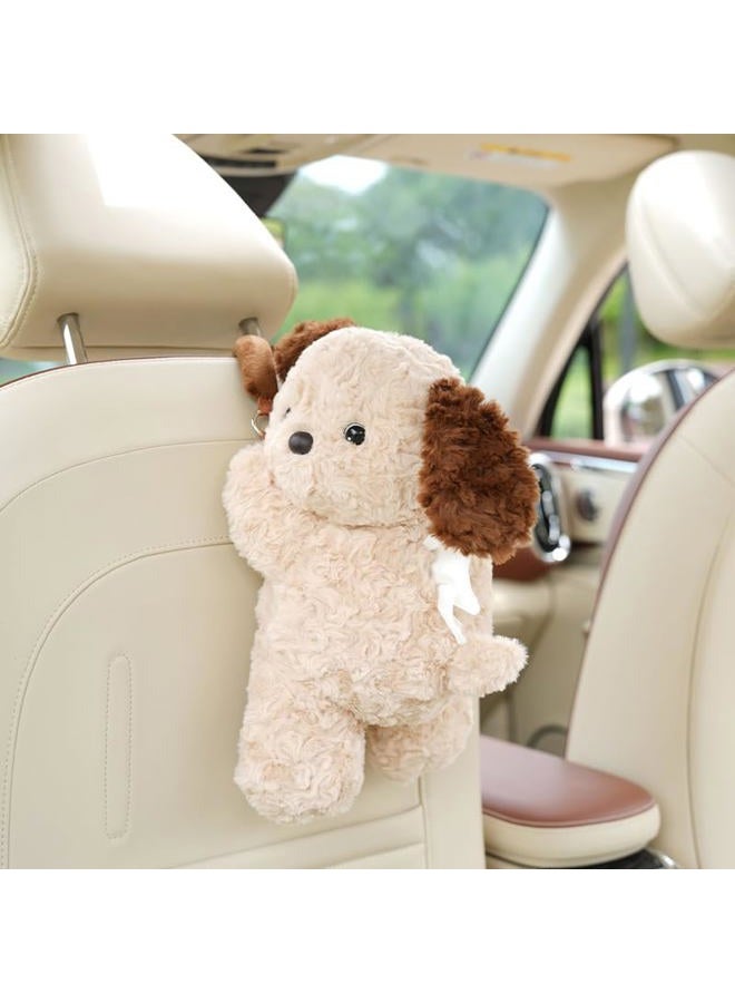 WASTROYAL Plush Puppy Car Tissue Box Holder – Cute Crawling Dog Design, Hanging or Dashboard Use, Soft Toy-Style Organizer for Vehicle Interior (Khaki Dog) - Image 1
