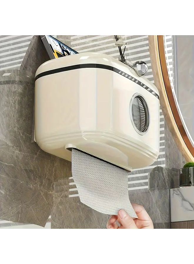 Cream Yellow Wall Mounted Waterproof Toilet Paper Holder With Storage Shelf Large Capacity Bathroom Organizer - Image 1