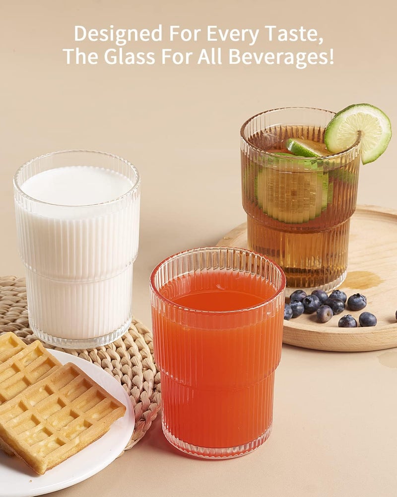 BJMEDYM Ribbed Glassesware 14 Oz Ripple Drinking Glasses Iced Coffee Glasses Glass Cup Set Of 6 Vintage Drinking Glasses Water Glasses Fluted Glassware Cocktail Glass Cute Glass Cups - Image 5