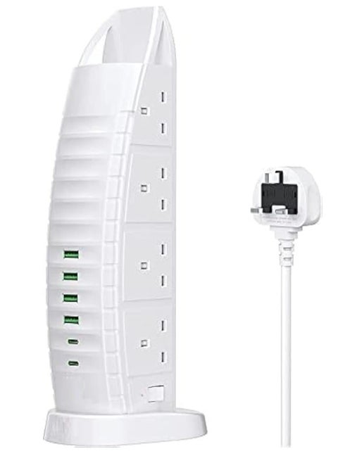 برج توصيل كهربائي بـ 8 مآخذ مع 6 منافذ USB (2.1A) - 2500 واط 125 فولت-220 فولت جهد عالمي، مقياس جهد رقمي، كابل بطول 5 أمتار - واقي كهربائي أبيض للاستخدام المنزلي/المكتبي/السفر