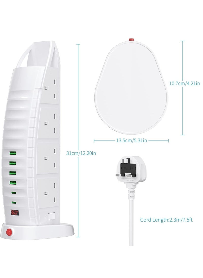 باور ماكس - برج توصيل كهربائي بـ 8 مآخذ مع 6 منافذ USB (2.1A) - 2500 واط 125 فولت-220 فولت جهد عالمي، مقياس جهد رقمي، كابل بطول 5 أمتار - واقي كهربائي أبيض للاستخدام المنزلي/المكتبي/السفر - Image 1