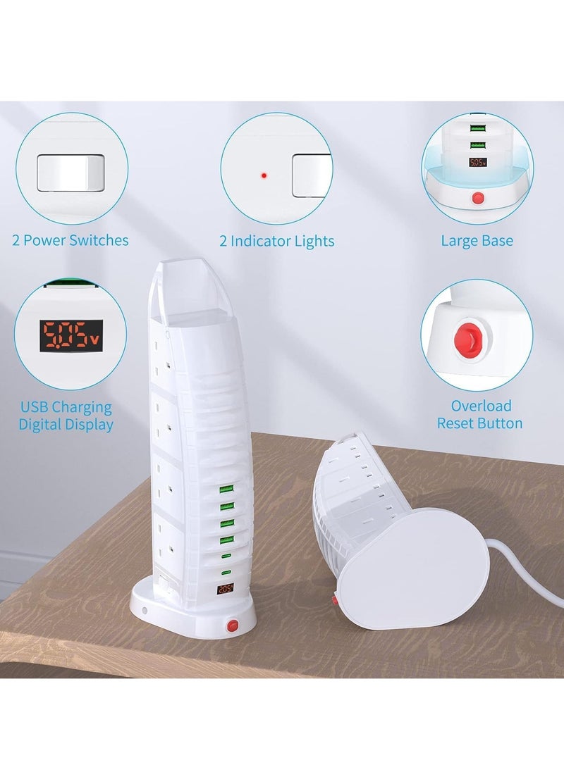 باور ماكس - برج توصيل كهربائي بـ 8 مآخذ مع 6 منافذ USB (2.1A) - 2500 واط 125 فولت-220 فولت جهد عالمي، مقياس جهد رقمي، كابل بطول 5 أمتار - واقي كهربائي أبيض للاستخدام المنزلي/المكتبي/السفر - Image 1
