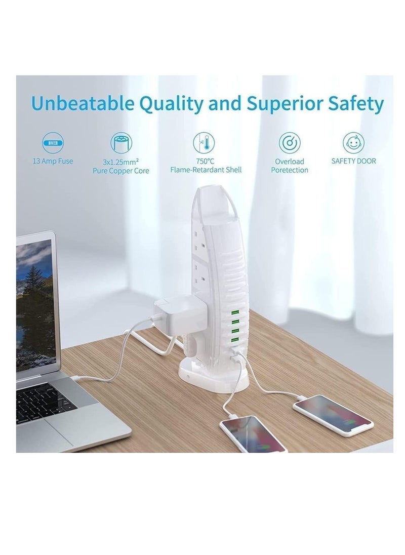 باور ماكس - برج توصيل كهربائي بـ 8 مآخذ مع 6 منافذ USB (2.1A) - 2500 واط 125 فولت-220 فولت جهد عالمي، مقياس جهد رقمي، كابل بطول 5 أمتار - واقي كهربائي أبيض للاستخدام المنزلي/المكتبي/السفر - Image 1