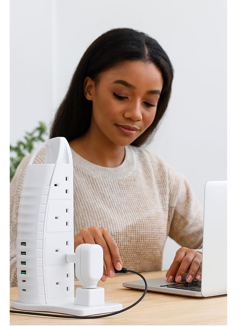 PowerMax 14-in-1 Power Strip Extension Socket Tower – 8 AC Outlets + 6 USB Ports (2.1A) | 2500W Power Socket with Digital Voltmeter | 125V-220V Universal Voltage | 5M Extension Cord | Surge Protector Plug – White - Image 5