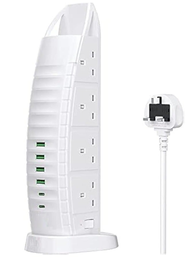 PowerMax 14-in-1 Power Strip Extension Socket Tower – 8 AC Outlets + 6 USB Ports (2.1A) | 2500W Power Socket with Digital Voltmeter | 220V Universal Voltage | 5M Extension Cord | Surge Protector Plug – White - Image 1