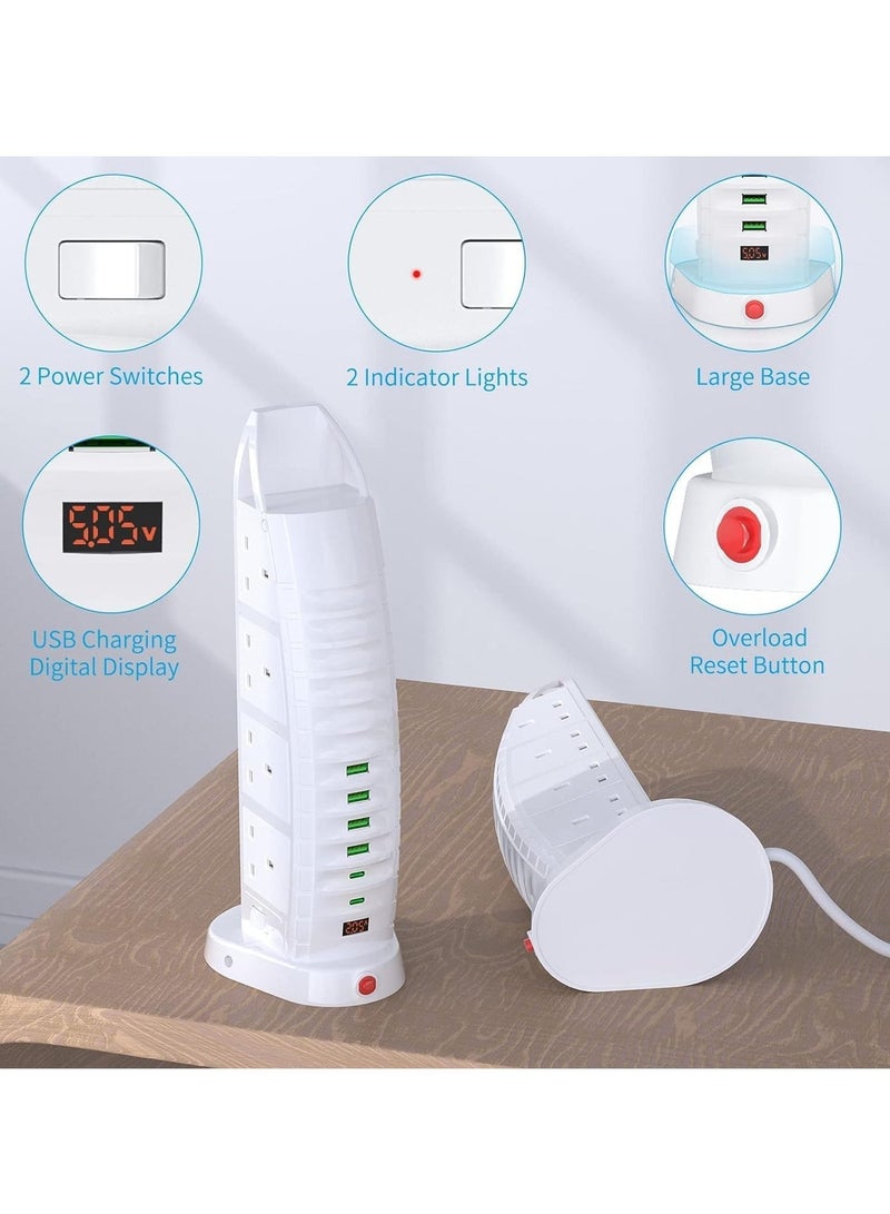 PowerMax 14-in-1 Power Strip Extension Socket Tower – 8 AC Outlets + 6 USB Ports (2.1A) | 2500W Power Socket with Digital Voltmeter | 220V Universal Voltage | 5M Extension Cord | Surge Protector Plug – White - Image 4
