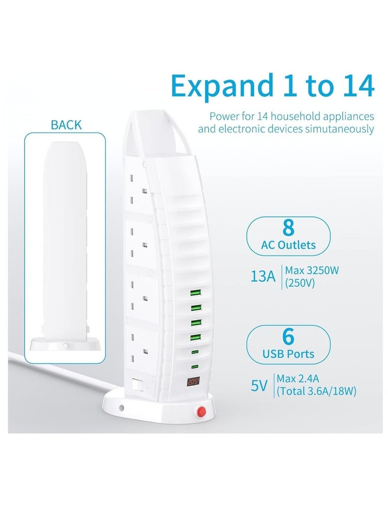 PowerMax 14-in-1 Power Strip Extension Socket Tower – 8 AC Outlets + 6 USB Ports (2.1A) | 2500W Power Socket with Digital Voltmeter | 220V Universal Voltage | 5M Extension Cord | Surge Protector Plug – White - Image 5