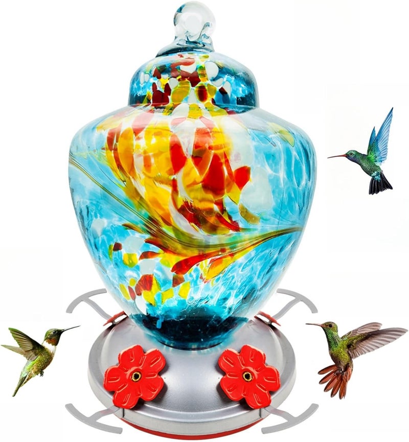 REZIPO Hummingbird Feeder with Perch - Hand Blown Glass - Blue - 38 Fluid Ounces Hummingbird Nectar Capacity Include Hanging Wires and Moat Hook - Image 1