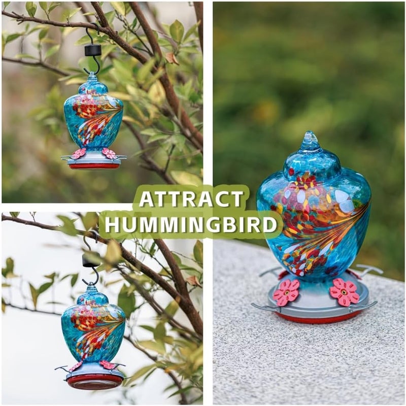REZIPO Hummingbird Feeder with Perch - Hand Blown Glass - Blue - 38 Fluid Ounces Hummingbird Nectar Capacity Include Hanging Wires and Moat Hook - Image 5