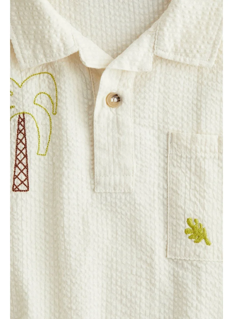 H&M White Dusty Light Cotton seersucker polo shirt for Men | Best Price UAE