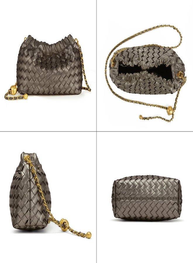 Joryin Woven Women's Crossbody Bag & Evening Purse, Trendy Dumpling Clutch & Hobo Cloud Shoulder Bag Trendy Dumpling Clutch, Woven Leather-metallic Taupe - Image 4