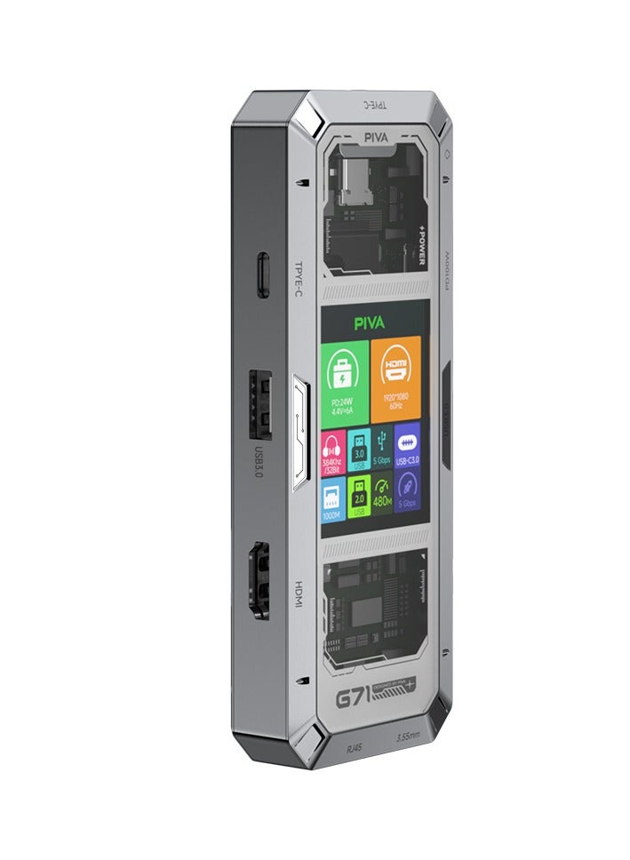 PIVA G71 is a 7-in-1 multi-functional aluminum metal docking station designed for gamers and office workers. It features a smart display for an advanced technology experience. It has two USB 3.0 ports, an HDMI 2.0 port, a Gigabit Ethernet port, and a 3.5mm audio interface. It also supports PD100W fast charging, ensuring diverse connections and efficient performance. - Image 1