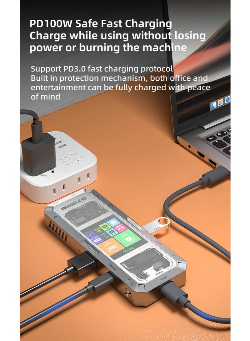 PIVA G71 is a 7-in-1 multi-functional aluminum metal docking station designed for gamers and office workers. It features a smart display for an advanced technology experience. It has two USB 3.0 ports, an HDMI 2.0 port, a Gigabit Ethernet port, and a 3.5mm audio interface. It also supports PD100W fast charging, ensuring diverse connections and efficient performance. - Image 5
