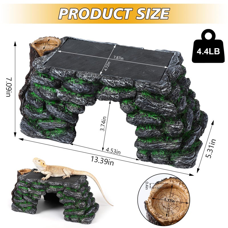 Hygger Zoo 3 in 1 Large Bearded Dragon Basking Platform 13.4x7.1x5.3 in Scape Step Ledge Cave Hideout Natural Rock Reptile Food Bowl Reptile Tank Accessories for Lizard, Geckos, Ball Pythons, Tortoise - Image 2