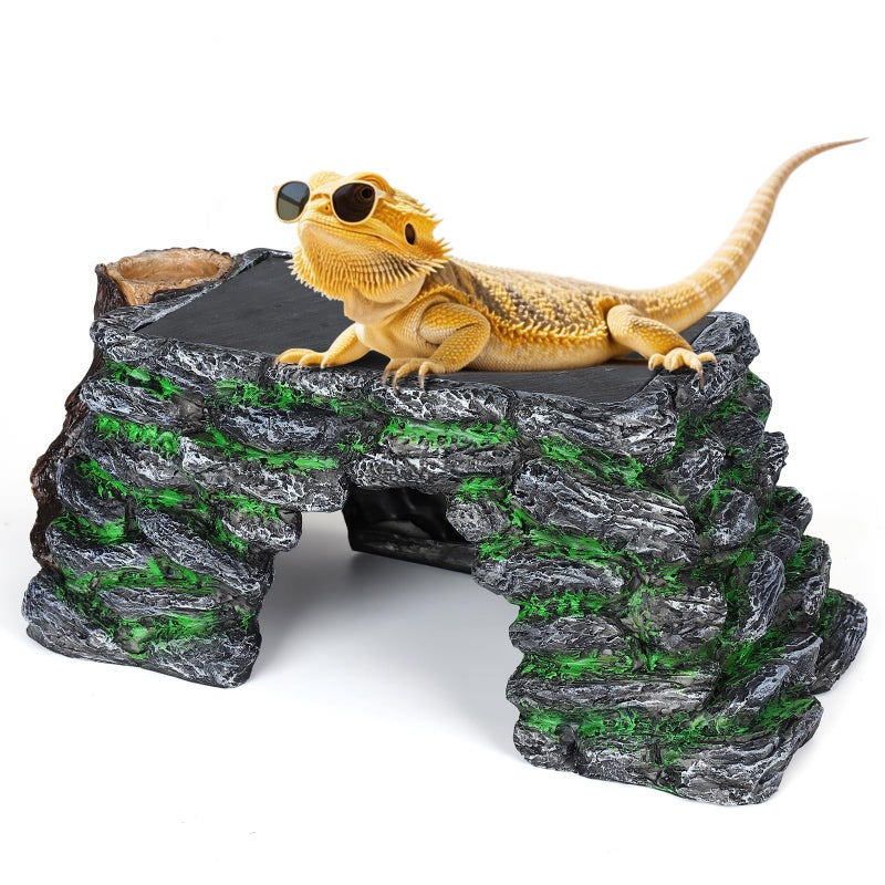 Hygger Zoo 3 in 1 Large Bearded Dragon Basking Platform 13.4x7.1x5.3 in Scape Step Ledge Cave Hideout Natural Rock Reptile Food Bowl Reptile Tank Accessories for Lizard, Geckos, Ball Pythons, Tortoise - Image 1