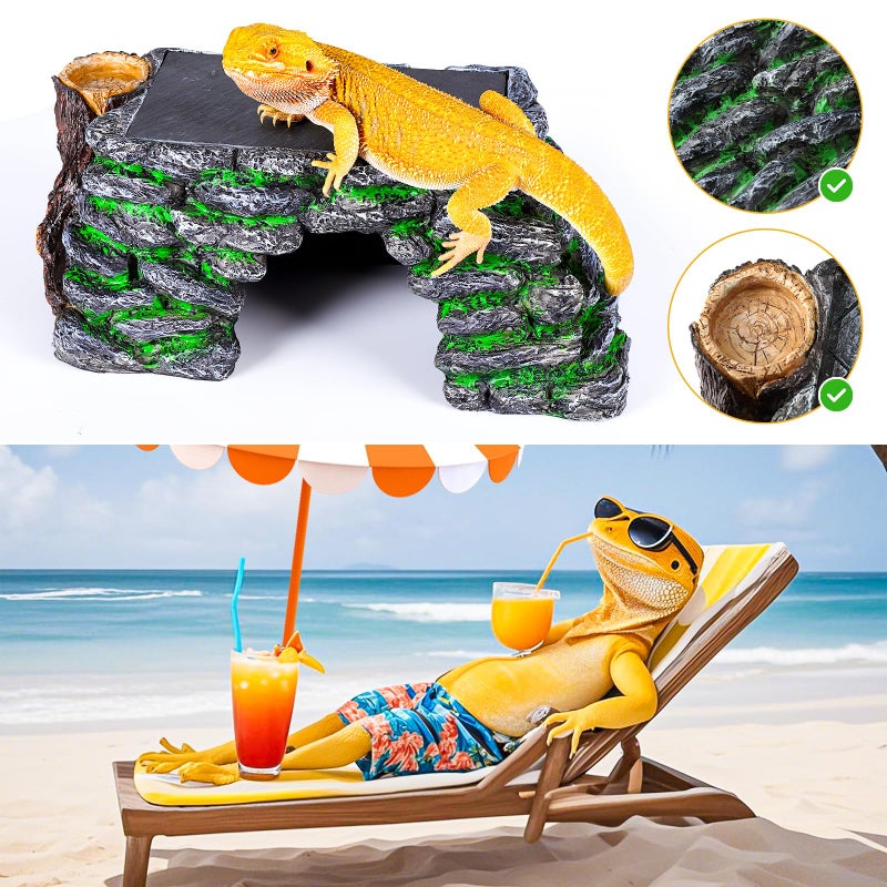 Hygger Zoo 3 in 1 Large Bearded Dragon Basking Platform 13.4x7.1x5.3 in Scape Step Ledge Cave Hideout Natural Rock Reptile Food Bowl Reptile Tank Accessories for Lizard, Geckos, Ball Pythons, Tortoise - Image 3