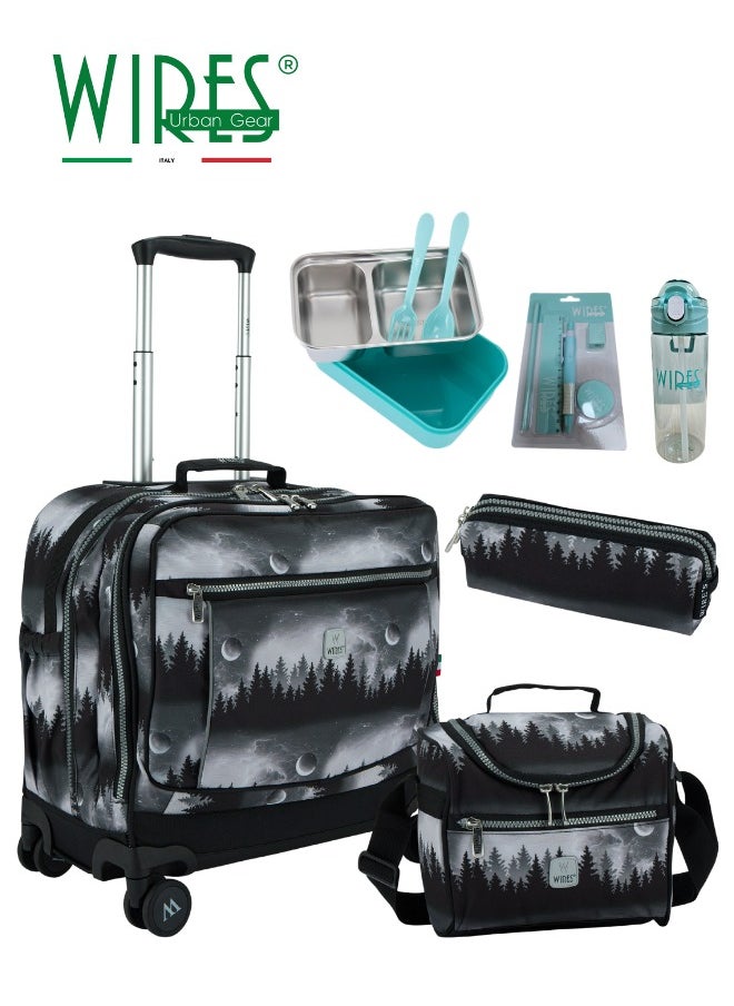 Wires 3 Piece Kids School Trolley Bag laptop compartment 8 Wheels With Lunch bag & Pencil Case  - Image 1