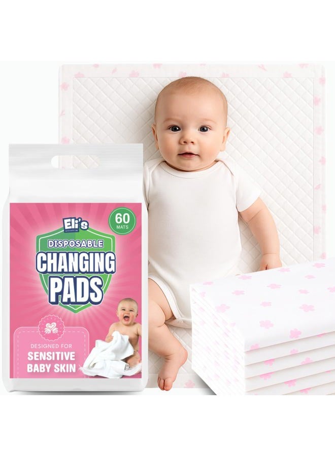 Eli with Love Disposable Baby Changing Pads - Soft, Waterproof & Leakproof Liners Absorbent Underpads - Large Travel Size Diaper Changing Mat for Home, Car, Diaper Bag - (60 Pack, Floral) - Image 1