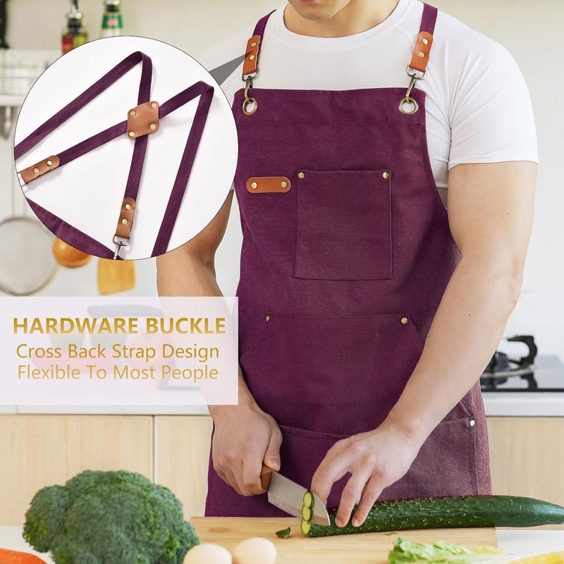 Aoomzoon Canvas Aprons for Men Chef Apron, Work Apron with Large Pockets - 16oz Heavy Duty Cross Back, BBQ, Cooking - Image 2