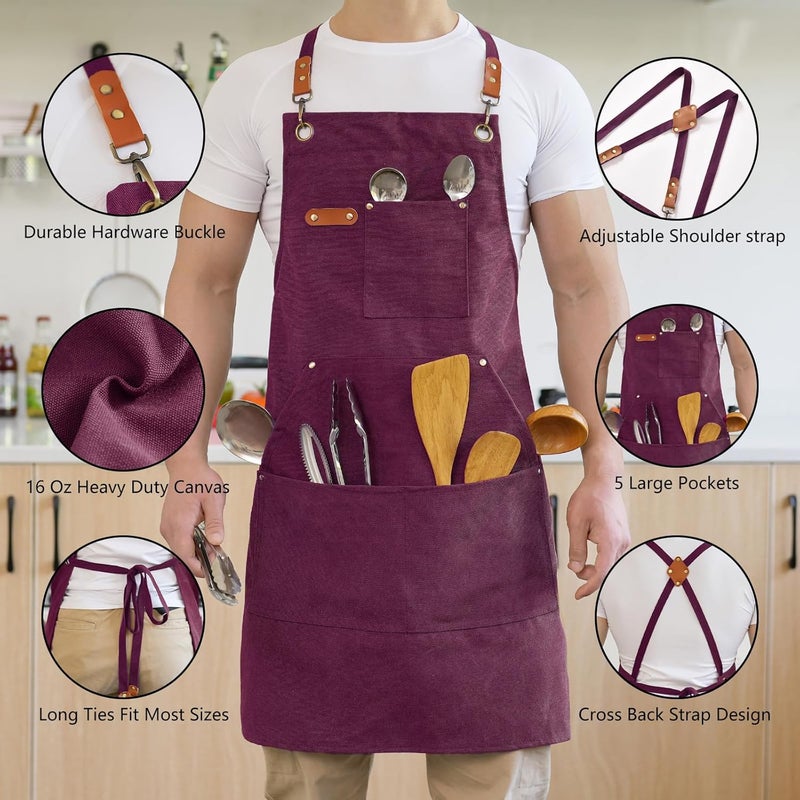 Aoomzoon Canvas Aprons for Men Chef Apron, Work Apron with Large Pockets - 16oz Heavy Duty Cross Back, BBQ, Cooking - Image 3