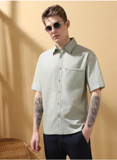 دينيس لينغو Beige Relaxed fit Shirts Textured design crafted from 100% Cotton featuring Half Sleeve with Button closure.