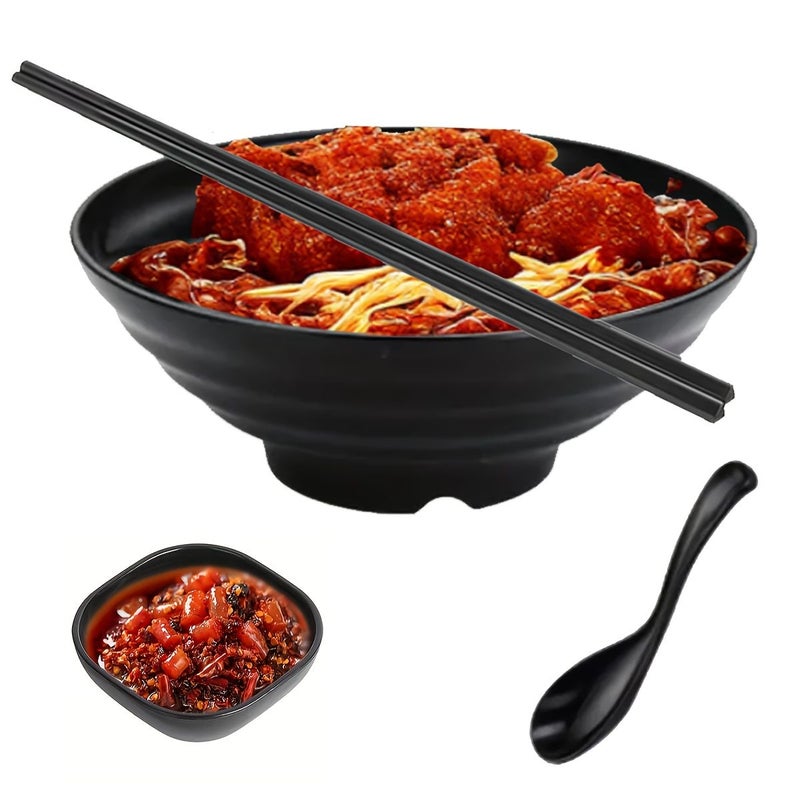 Black Plastic 4 Piece Drop Proof Salad Bowl Set With Chopsticks Spoon Plate - Image 2
