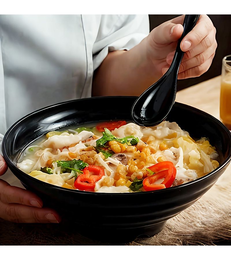 Black Plastic 4 Piece Drop Proof Salad Bowl Set With Chopsticks Spoon Plate - Image 5