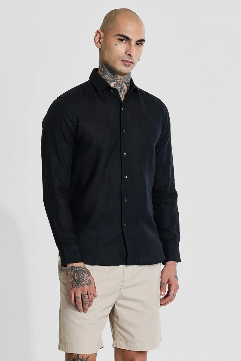 SNITCH Black Slim Fit 100% Linen Shirt