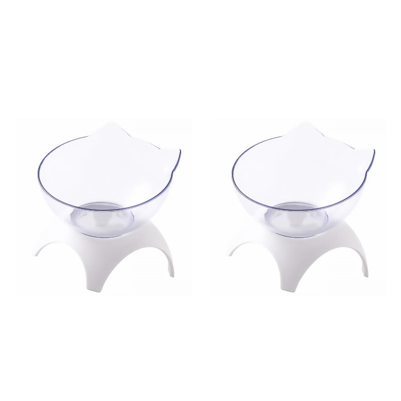 2pcs Cat Shaped Tilted Food Bowl Neck Protective Bowl Pet Feeder Drinking Bowl White (Single Bowl + Rack) - Image 1