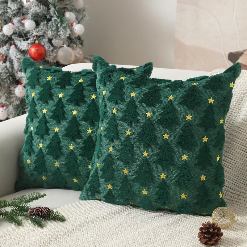 Allorry Christmas Pillow Covers 18 x 18 inch Set of 2 Dark Green Christmas Tree Pillow Covers Decorations Plush Faux Fur Soft Cushion Case for Winter Xmas Holiday Home Bedroom Sofa Decors PT004A18 - Image 2