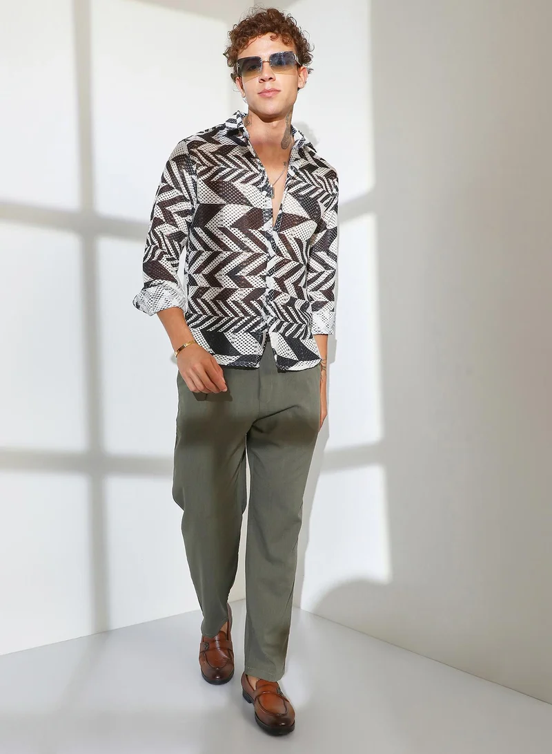 Campus Sutra Men's Taupe Brown & Cream White Chevron-Knit Shirt