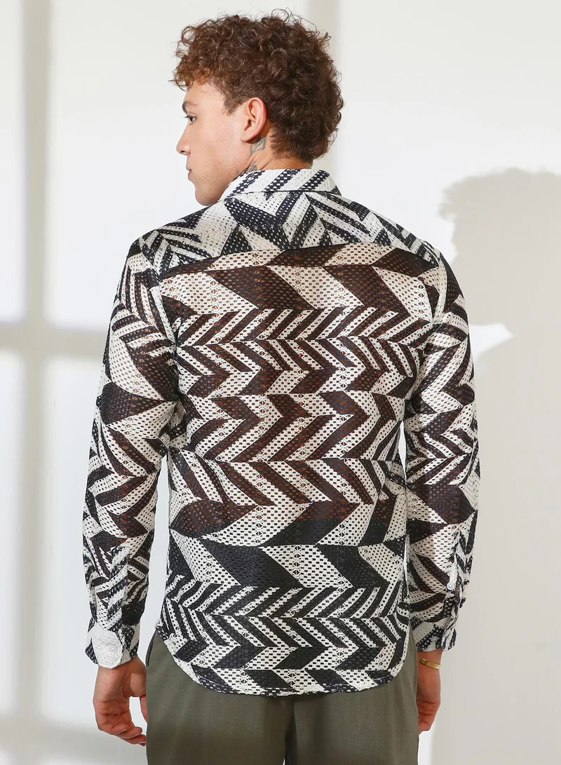 Campus Sutra Men's Taupe Brown & Cream White Chevron-Knit Shirt