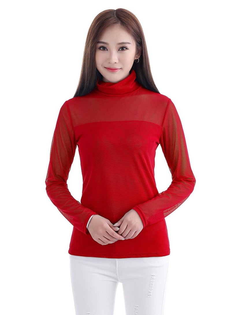 Lady's Long Sleeve Turtleneck Net Udershirt Slim-Fit Base Layer Shirt Red
